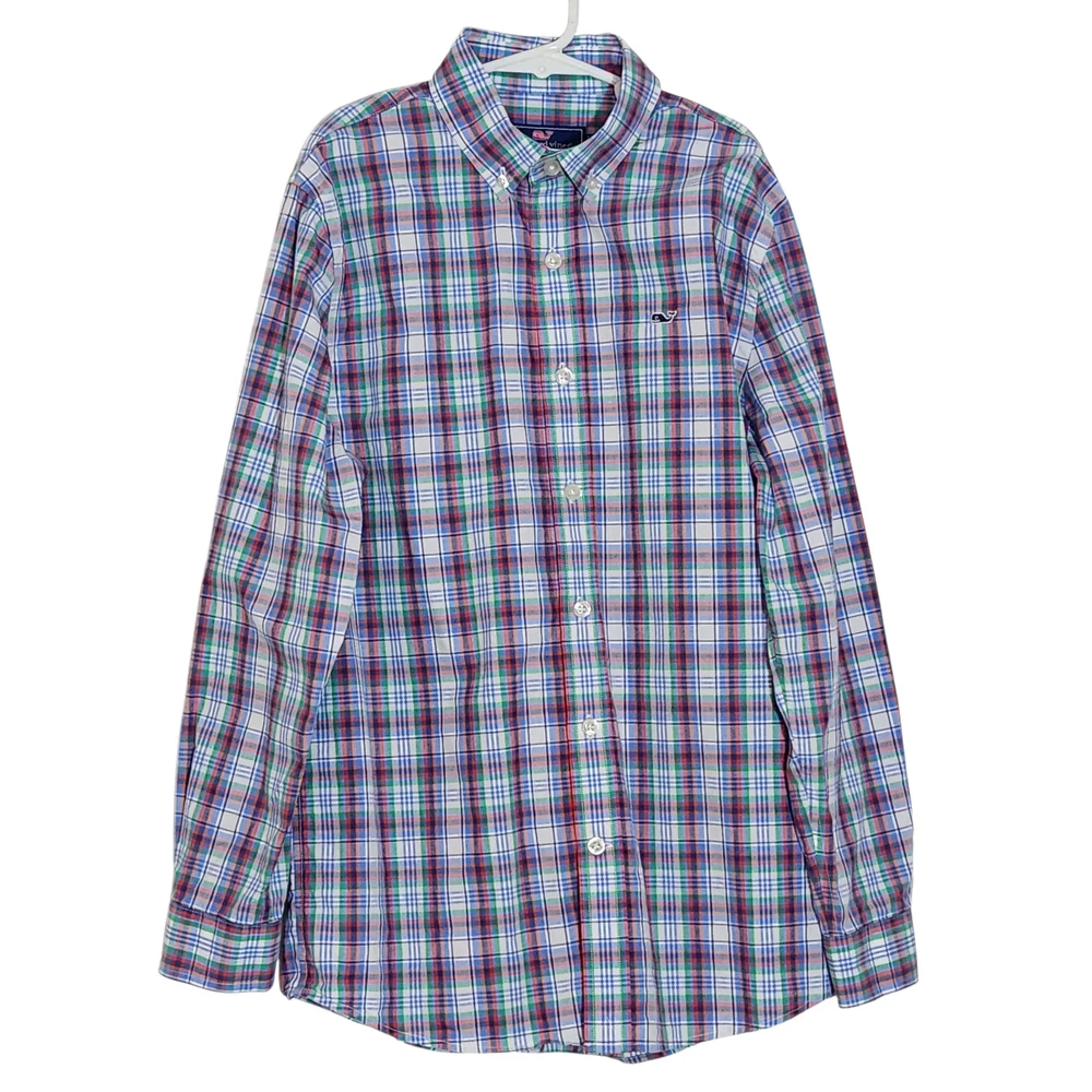 Vineyard Vines Boy's Plaid Button-Down Shirt in Blue and Green Size Medium